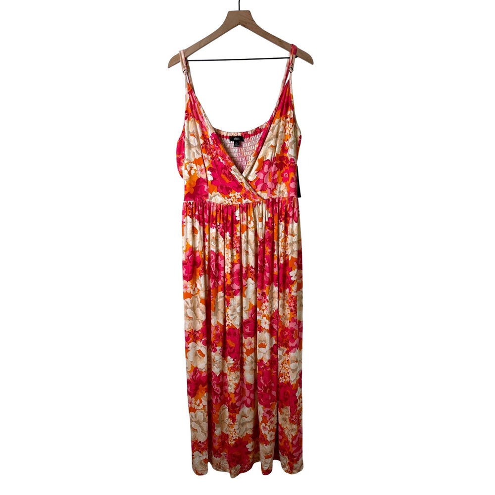 Ellos Women Floral Smocked Back Surplice Maxi Dress Size 1X Pink Orange Tropical
